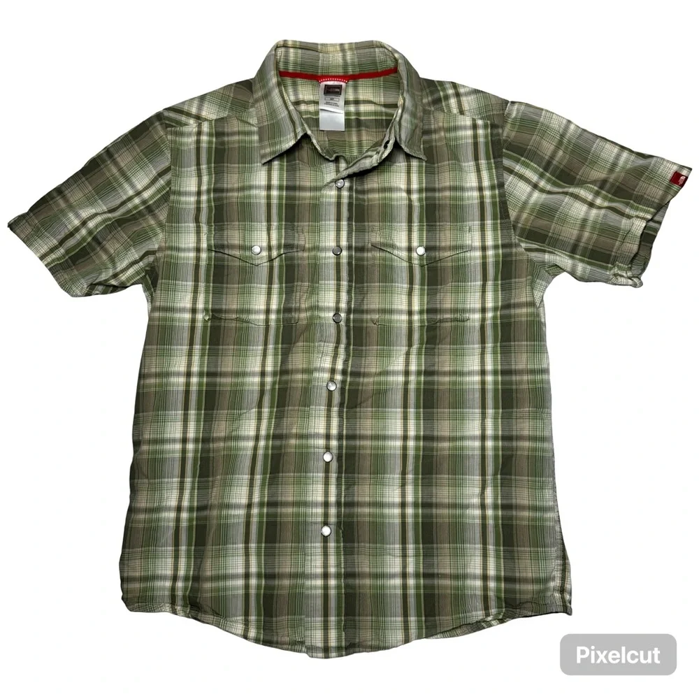 The North Face Shirt Mens Small Green Cotton Snap Buttons Plaid‎ Short Sleeve
